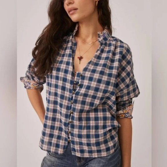 Anthropologie Tops - PILCRO x Anthropologie Tavi button down in pink & blue plaid w/ floral NWT Sz L